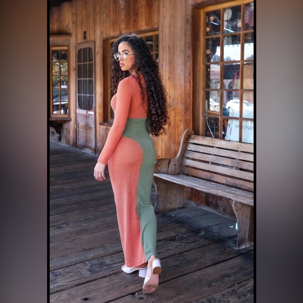 12. Color block Long Sleeve Bodycon Maxi Dress - Picture 5 of 9